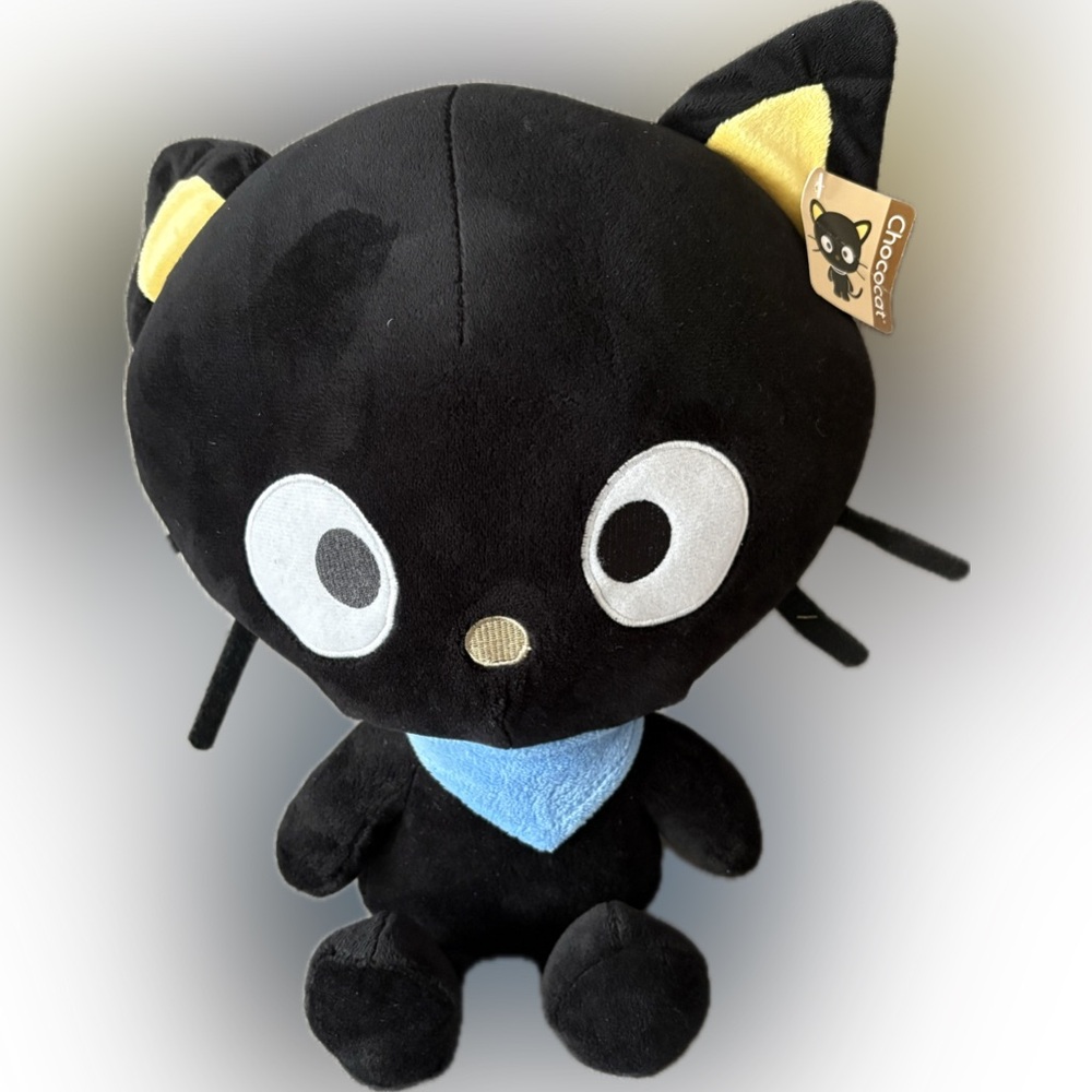 Chococat Black Plush Cat with Blue Bandana - Sanrio Style Cute Stuffed Toy